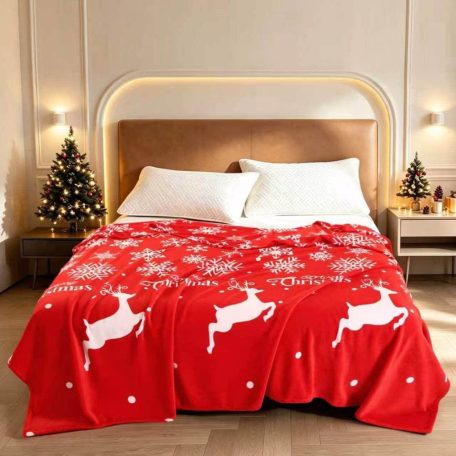 Piros karácsonyi polár takaró – 200×230 cm, rénszarvasos mintával